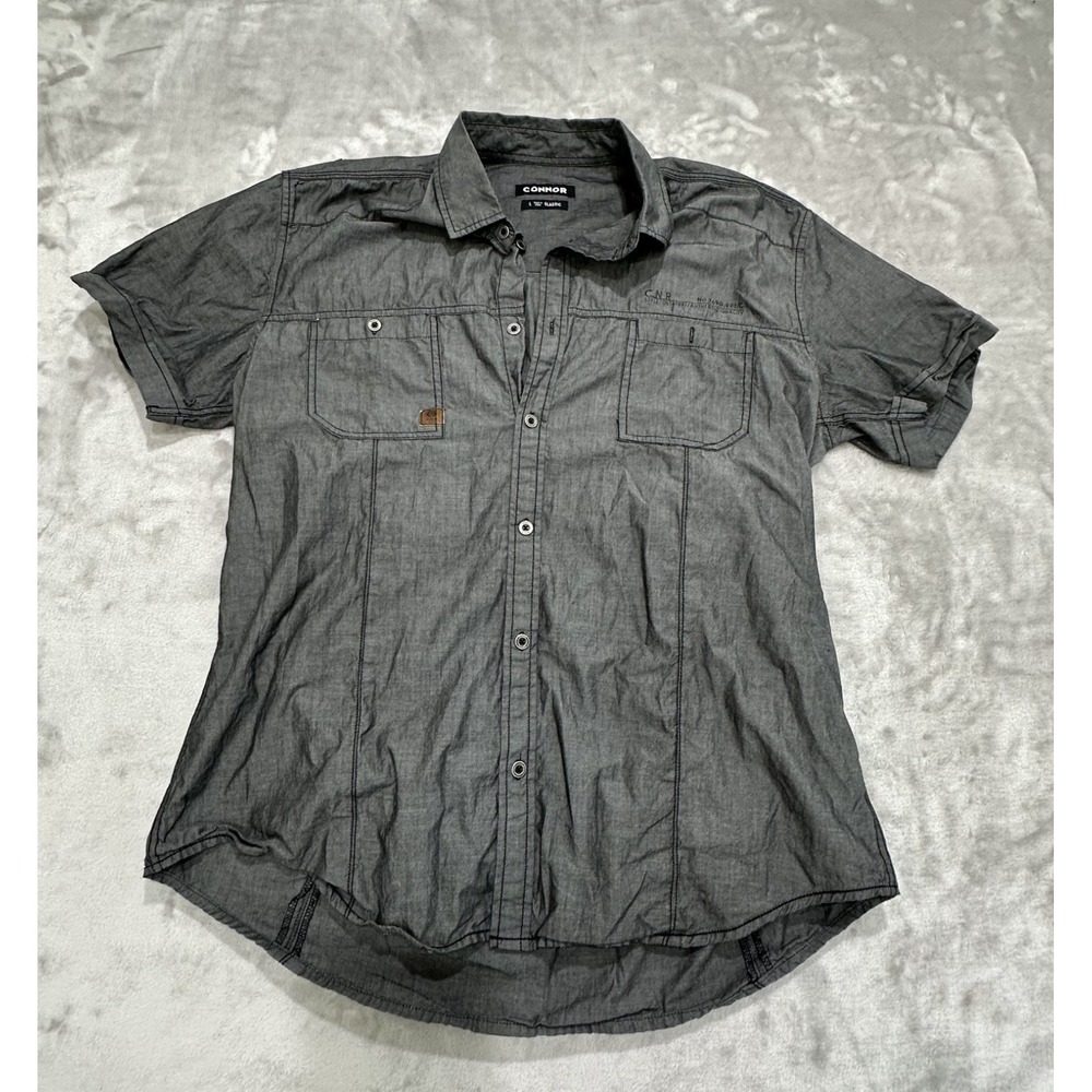 Connor Mens Button Up Shirt Size Large Gray Short Sleeve Pockets Casual Slim EUC